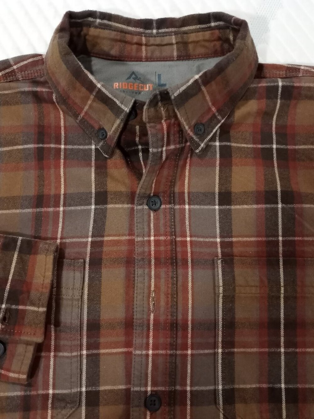 RIDGECUT TOUGHWEAR MEN'S LONG SLEEVE HEAVY FLANNEL SHIRT BROWN CHECK SIZE L